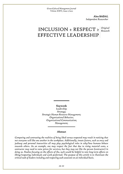 Volume XXIV, Issue 1, Cross-Cultural Management Journal